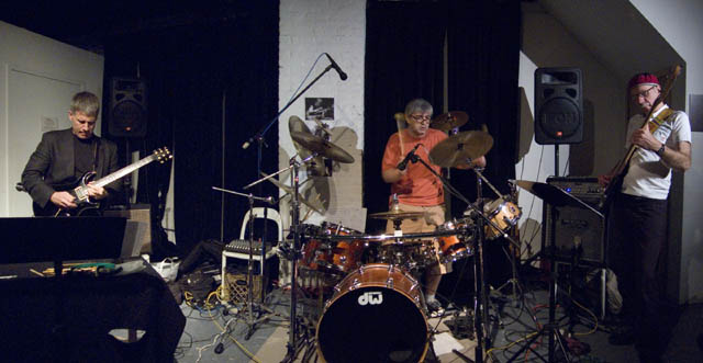 Nick Didkovsky (gtr) John Roulat (dr), and Hugh Hopper (bass) of BONE, photo by Scott Friedlander